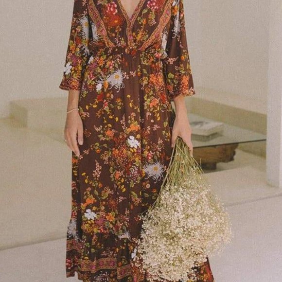 Aura Floral Maxi Dress - Brown and Multicolor - Picture 1 of 14